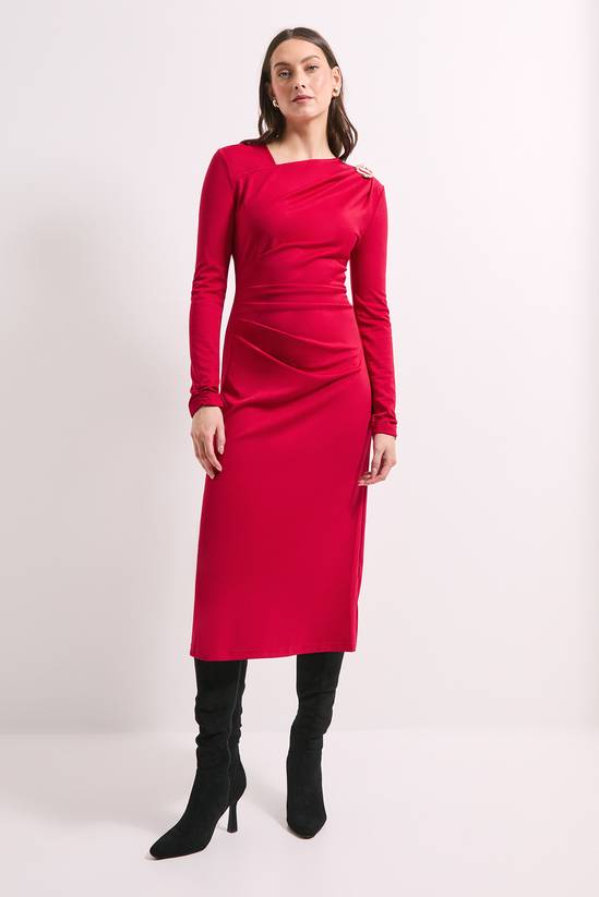 Red Buckle Detail Ponte Midi Dress