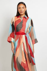 Abstract Print Belted Collared Shirt Dress